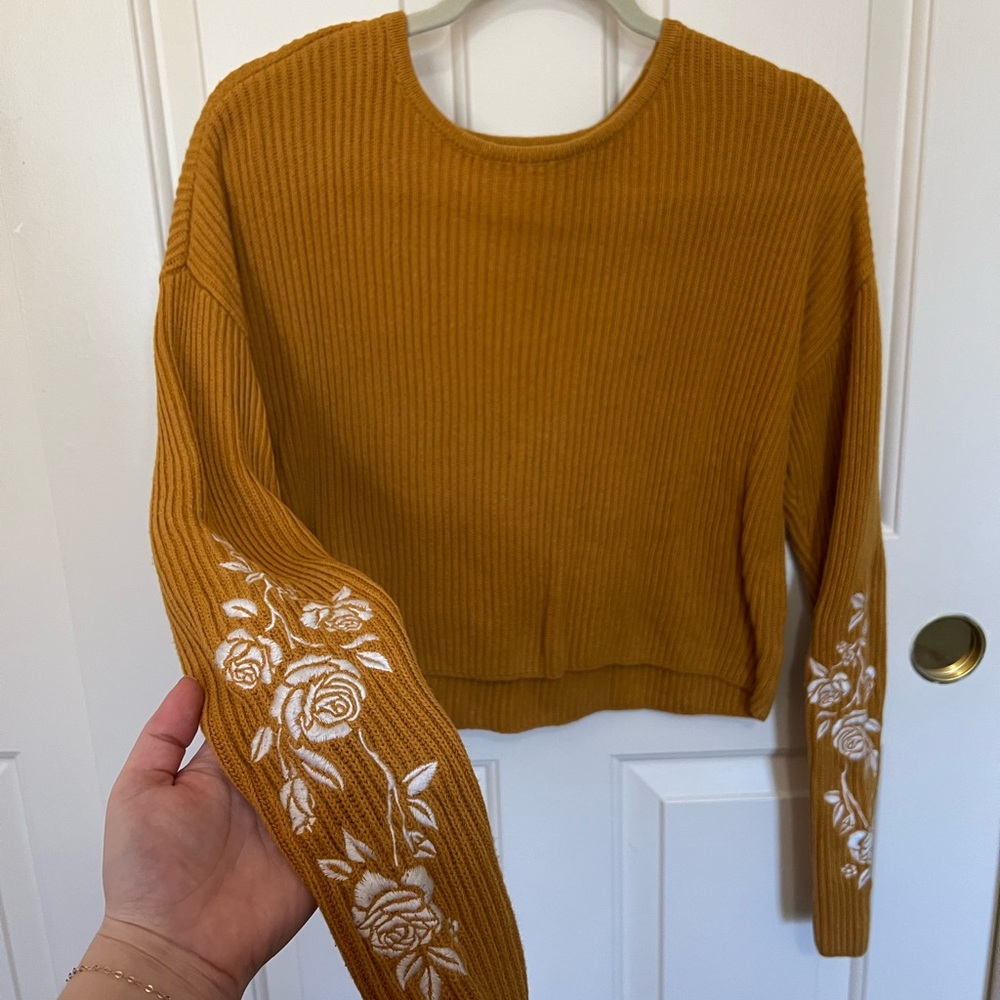 Mustard Yellow Floral Embroidered Cropped  Sweater - Size XS